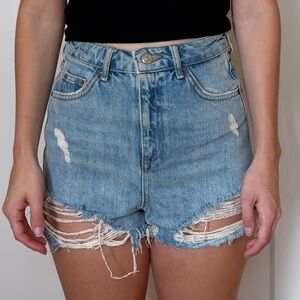 Topshop Moto Mom Light Wash Distressed Mini Shorts